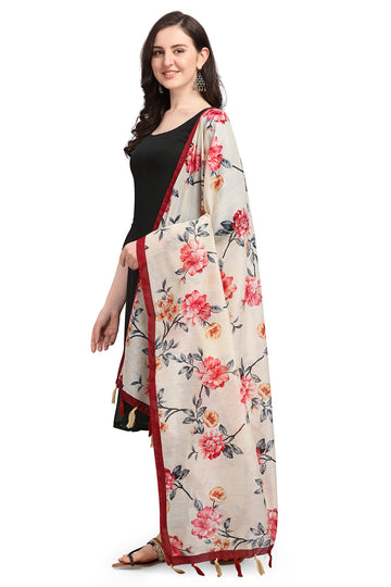 Cream And Pink Color Floral Digital Print Chanderi Silk Dupatta